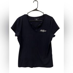 Tommy Hilfiger Black V-Neck Tee Shirt XL | Embroidered Logo |Distressed Neckline